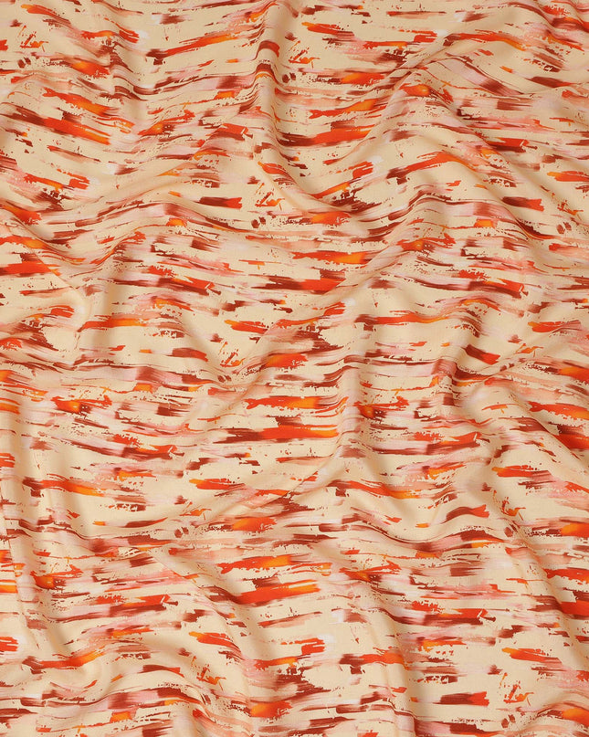 Beige Abstract Brush Printed Viscose Modal Satin Fabric Multitone Orange Streak Design Soft Flowing Dress Material 110 Cms Width India-D28014