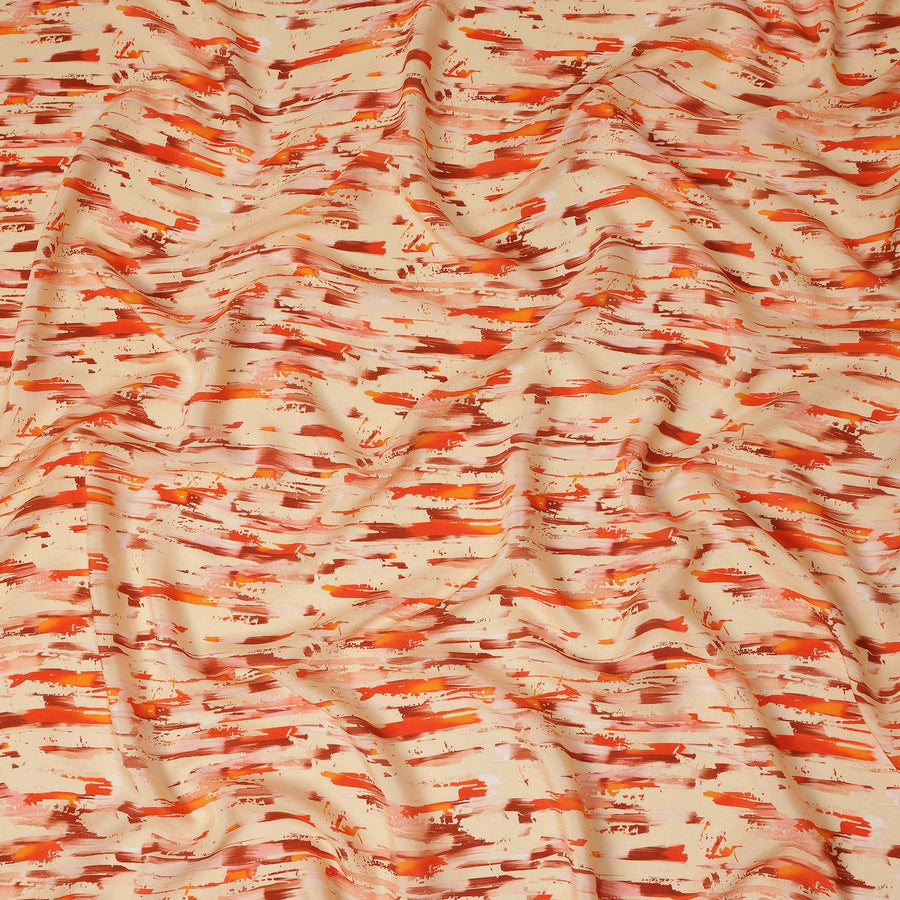 Beige Abstract Brush Printed Viscose Modal Satin Fabric Multitone Orange Streak Design Soft Flowing Dress Material 110 Cms Width India-D28014