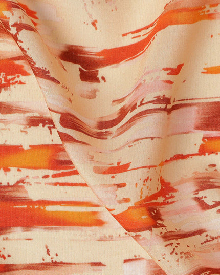 Beige Abstract Brush Printed Viscose Modal Satin Fabric Multitone Orange Streak Design Soft Flowing Dress Material 110 Cms Width India-D28014