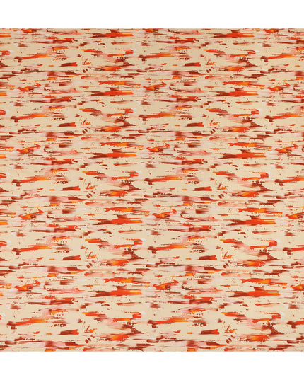 Beige Abstract Brush Printed Viscose Modal Satin Fabric Multitone Orange Streak Design Soft Flowing Dress Material 110 Cms Width India-D28014