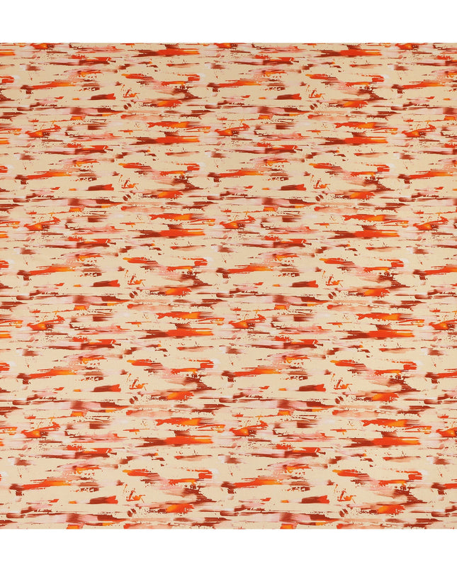 Beige Abstract Brush Printed Viscose Modal Satin Fabric Multitone Orange Streak Design Soft Flowing Dress Material 110 Cms Width India-D28014
