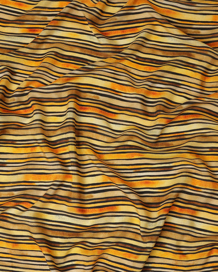 Golden Yellow Striped Printed Viscose Modal Satin Fabric Black And Rust Multitone Line Design Soft Flowing Dress Material 110 Cms Width India-D28021
