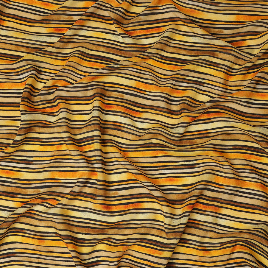 Golden Yellow Striped Printed Viscose Modal Satin Fabric Black And Rust Multitone Line Design Soft Flowing Dress Material 110 Cms Width India-D28021