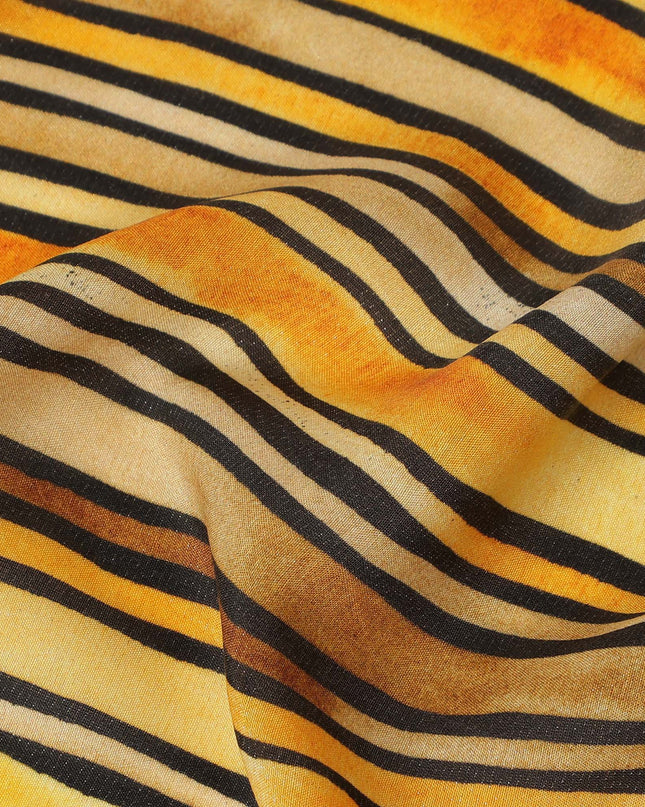 Golden Yellow Striped Printed Viscose Modal Satin Fabric Black And Rust Multitone Line Design Soft Flowing Dress Material 110 Cms Width India-D28021