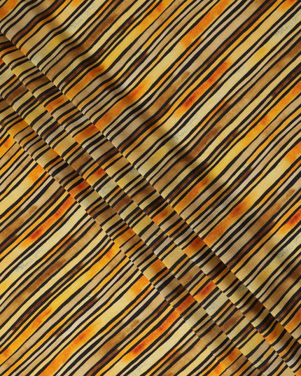 Golden Yellow Striped Printed Viscose Modal Satin Fabric Black And Rust Multitone Line Design Soft Flowing Dress Material 110 Cms Width India-D28021