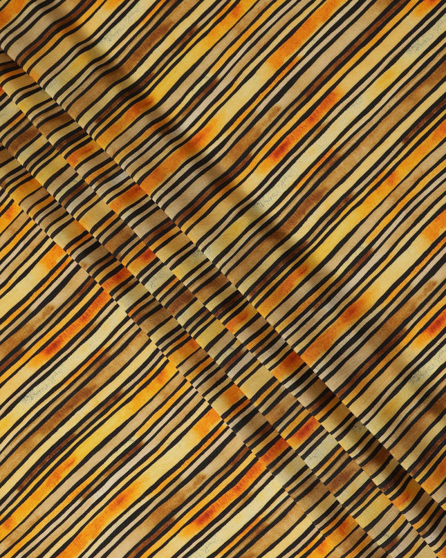 Golden Yellow Striped Printed Viscose Modal Satin Fabric Black And Rust Multitone Line Design Soft Flowing Dress Material 110 Cms Width India-D28021
