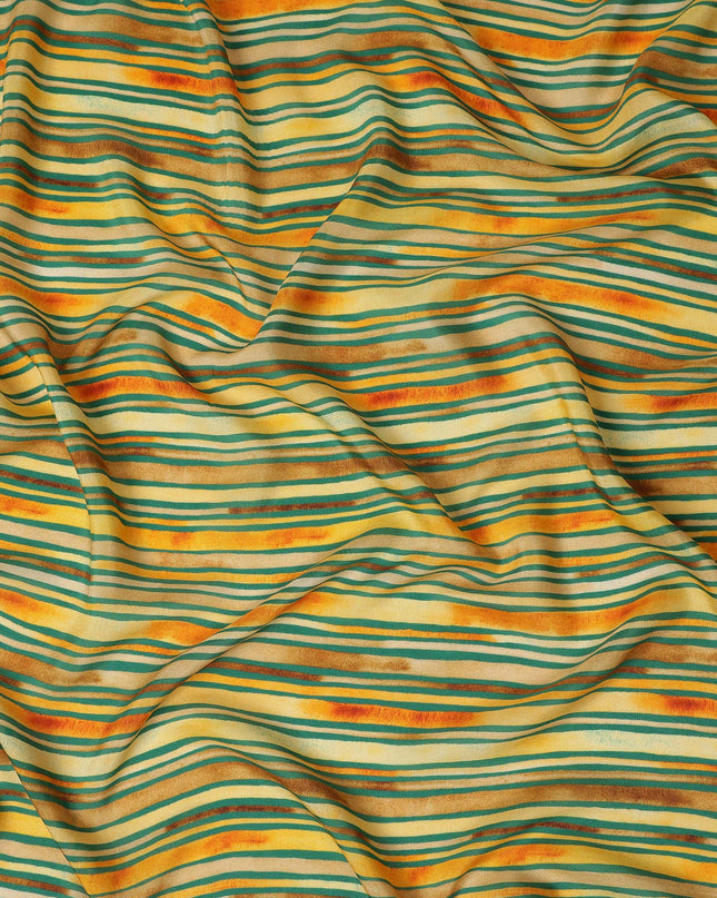 Mustard Yellow Striped Printed Viscose Modal Satin Fabric Green And Rust Multitone Line Design Soft Flowing Dress Material 110 Cms Width India-D28020
