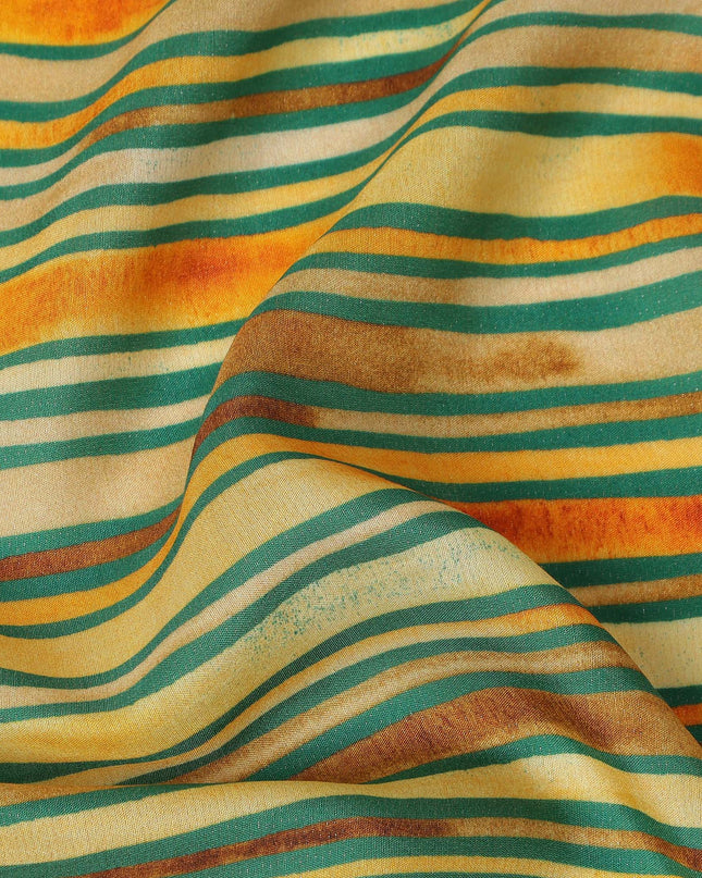 Mustard Yellow Striped Printed Viscose Modal Satin Fabric Green And Rust Multitone Line Design Soft Flowing Dress Material 110 Cms Width India-D28020