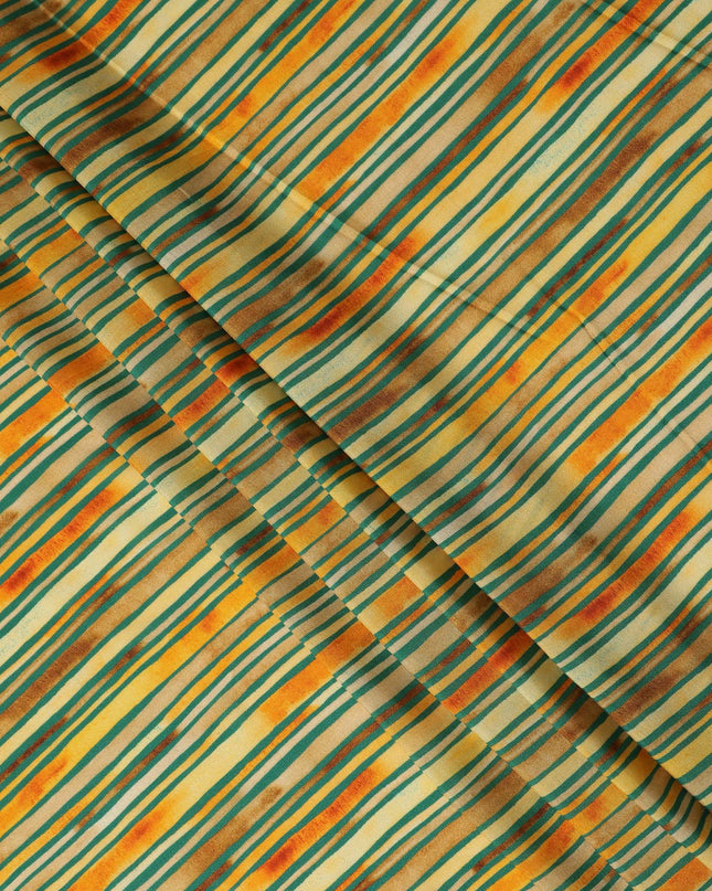 Mustard Yellow Striped Printed Viscose Modal Satin Fabric Green And Rust Multitone Line Design Soft Flowing Dress Material 110 Cms Width India-D28020