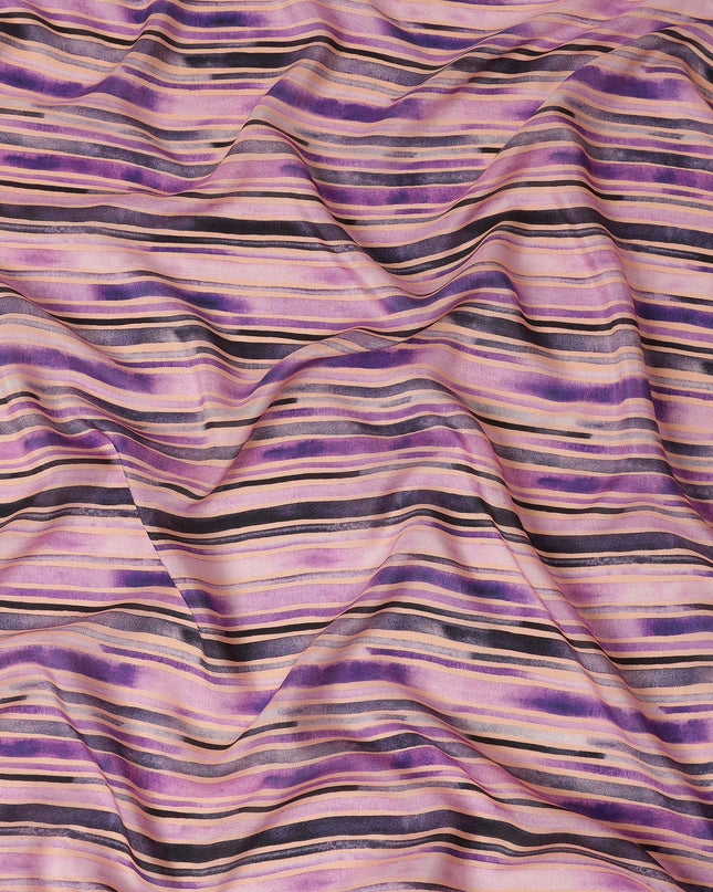 Lavender Purple Striped Printed Viscose Modal Satin Fabric Black And Beige Multitone Line Design Soft Flowing Dress Material 110 Cms Width India-D28022
