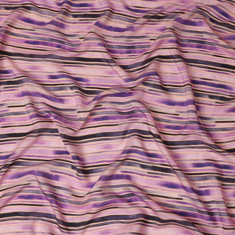 Lavender Purple Striped Printed Viscose Modal Satin Fabric Black And Beige Multitone Line Design Soft Flowing Dress Material 110 Cms Width India-D28022