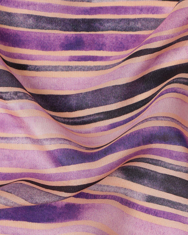 Lavender Purple Striped Printed Viscose Modal Satin Fabric Black And Beige Multitone Line Design Soft Flowing Dress Material 110 Cms Width India-D28022