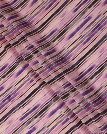 Lavender Purple Striped Printed Viscose Modal Satin Fabric Black And Beige Multitone Line Design Soft Flowing Dress Material 110 Cms Width India-D28022