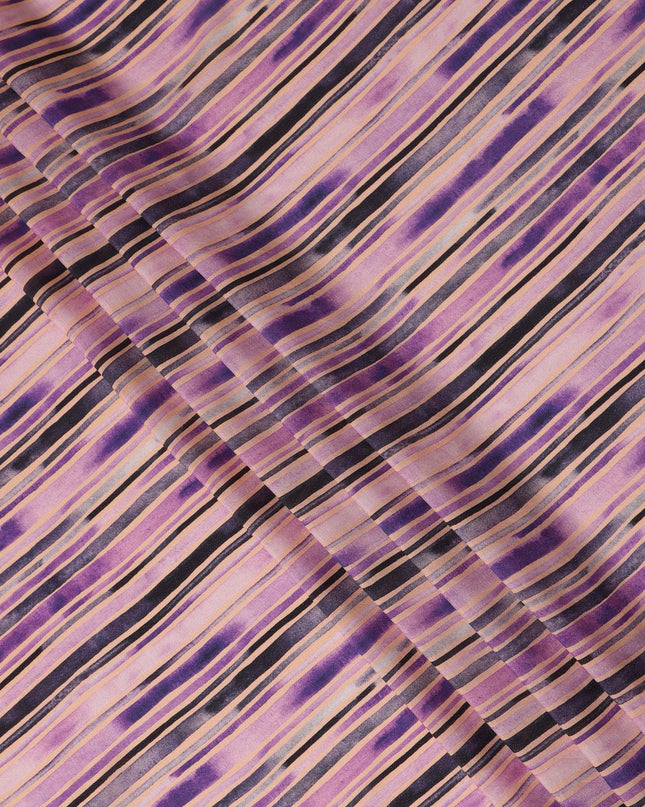 Lavender Purple Striped Printed Viscose Modal Satin Fabric Black And Beige Multitone Line Design Soft Flowing Dress Material 110 Cms Width India-D28022