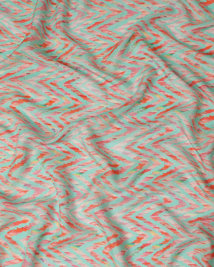Mint Green Chevron Printed Viscose Modal Satin Fabric Multicolor Zigzag Ikat Design Soft Flowing Dress Material 110 Cms Width India-D28019