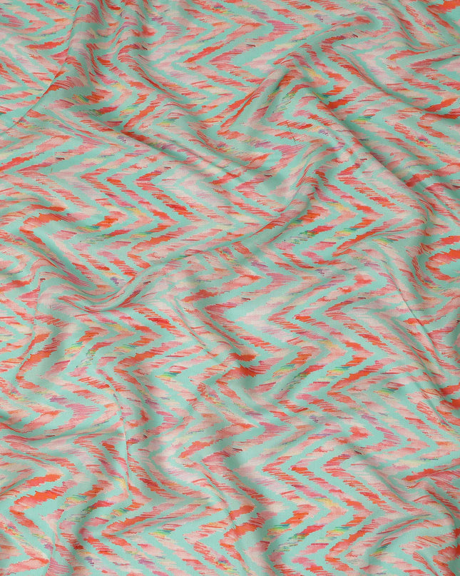 Mint Green Chevron Printed Viscose Modal Satin Fabric Multicolor Zigzag Ikat Design Soft Flowing Dress Material 110 Cms Width India-D28019