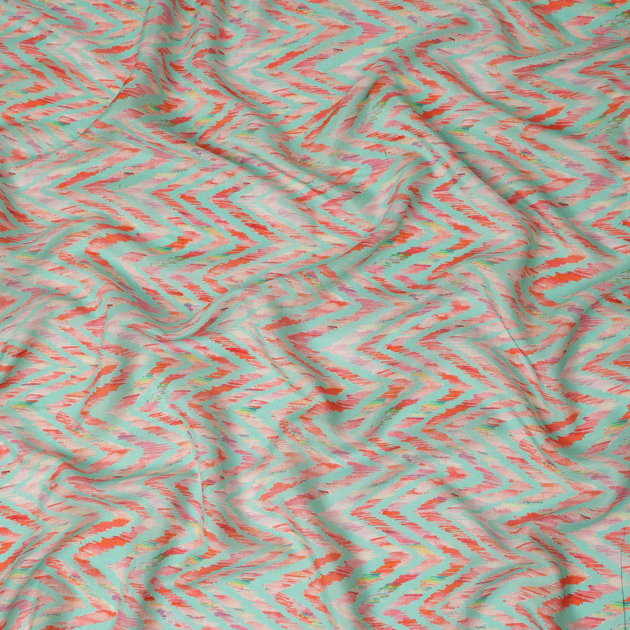 Mint Green Chevron Printed Viscose Modal Satin Fabric Multicolor Zigzag Ikat Design Soft Flowing Dress Material 110 Cms Width India-D28019