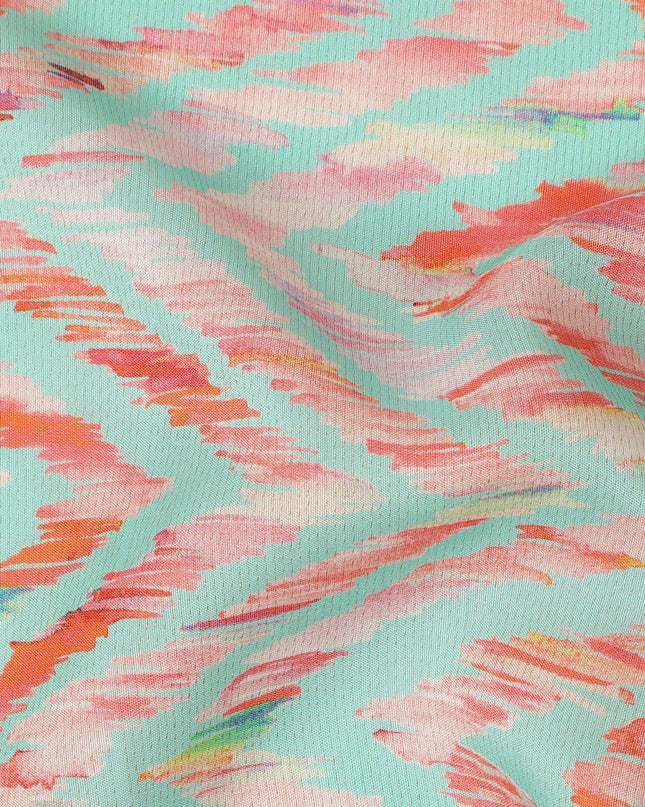 Mint Green Chevron Printed Viscose Modal Satin Fabric Multicolor Zigzag Ikat Design Soft Flowing Dress Material 110 Cms Width India-D28019