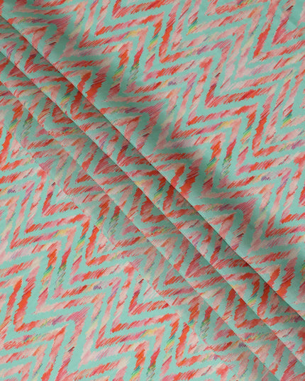 Mint Green Chevron Printed Viscose Modal Satin Fabric Multicolor Zigzag Ikat Design Soft Flowing Dress Material 110 Cms Width India-D28019