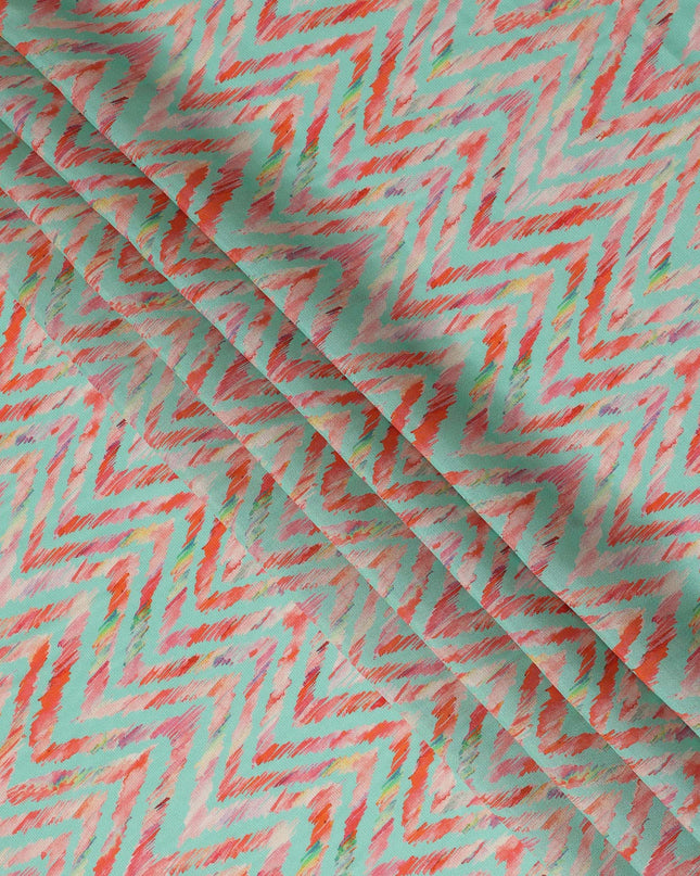 Mint Green Chevron Printed Viscose Modal Satin Fabric Multicolor Zigzag Ikat Design Soft Flowing Dress Material 110 Cms Width India-D28019