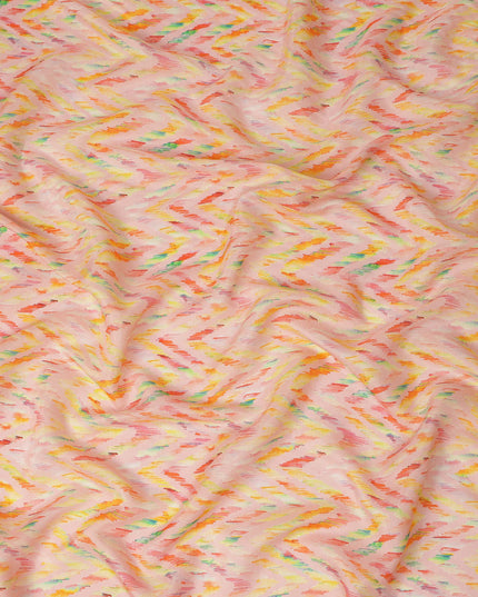 Peach Chevron Printed Viscose Modal Satin Fabric Multicolor Zigzag Ikat Design Soft Flowing Dress Material 110 Cms Width India-D28017