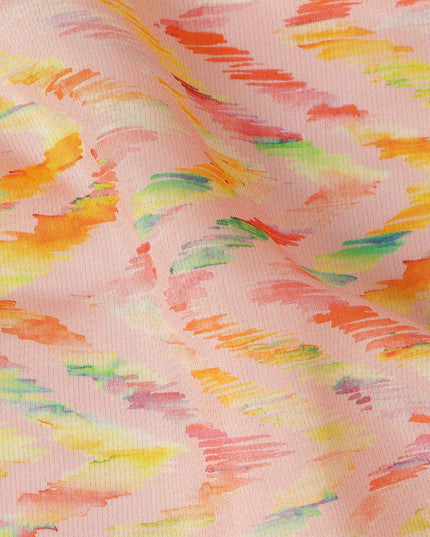 Peach Chevron Printed Viscose Modal Satin Fabric Multicolor Zigzag Ikat Design Soft Flowing Dress Material 110 Cms Width India-D28017