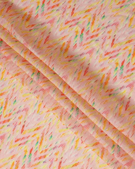 Peach Chevron Printed Viscose Modal Satin Fabric Multicolor Zigzag Ikat Design Soft Flowing Dress Material 110 Cms Width India-D28017