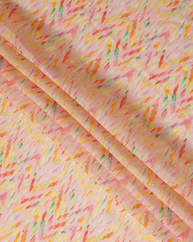 Peach Chevron Printed Viscose Modal Satin Fabric Multicolor Zigzag Ikat Design Soft Flowing Dress Material 110 Cms Width India-D28017