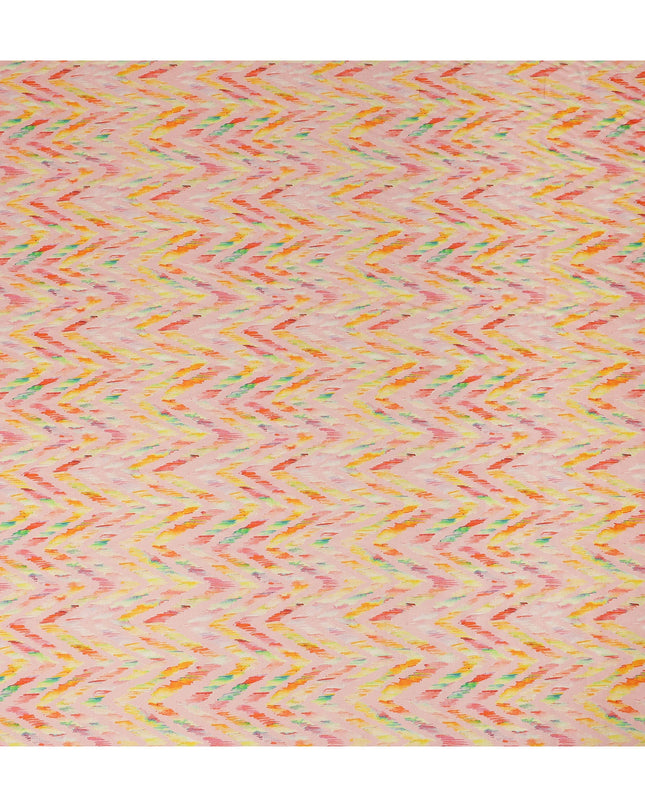 Peach Chevron Printed Viscose Modal Satin Fabric Multicolor Zigzag Ikat Design Soft Flowing Dress Material 110 Cms Width India-D28017