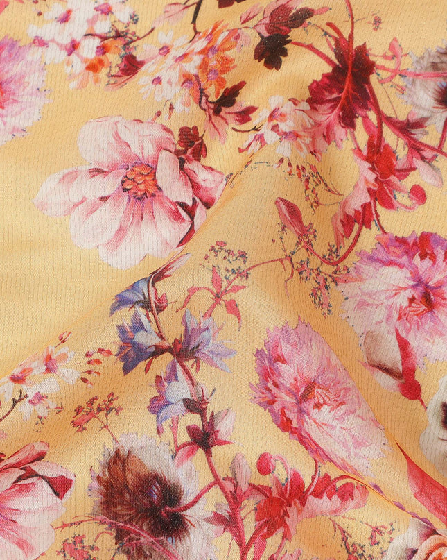 Mustard Yellow Floral Printed Viscose Crepe Fabric Multicolor Blossom Botanical Design Soft Flowing Dress Material 110 Cms Width India-D28025