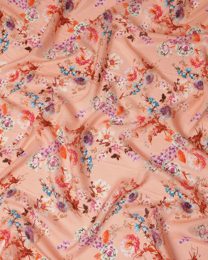 Peach Floral Printed Viscose Crepe Fabric Multicolor Blossom Botanical Design Soft Flowing Dress Material 110 Cms Width India-D28023