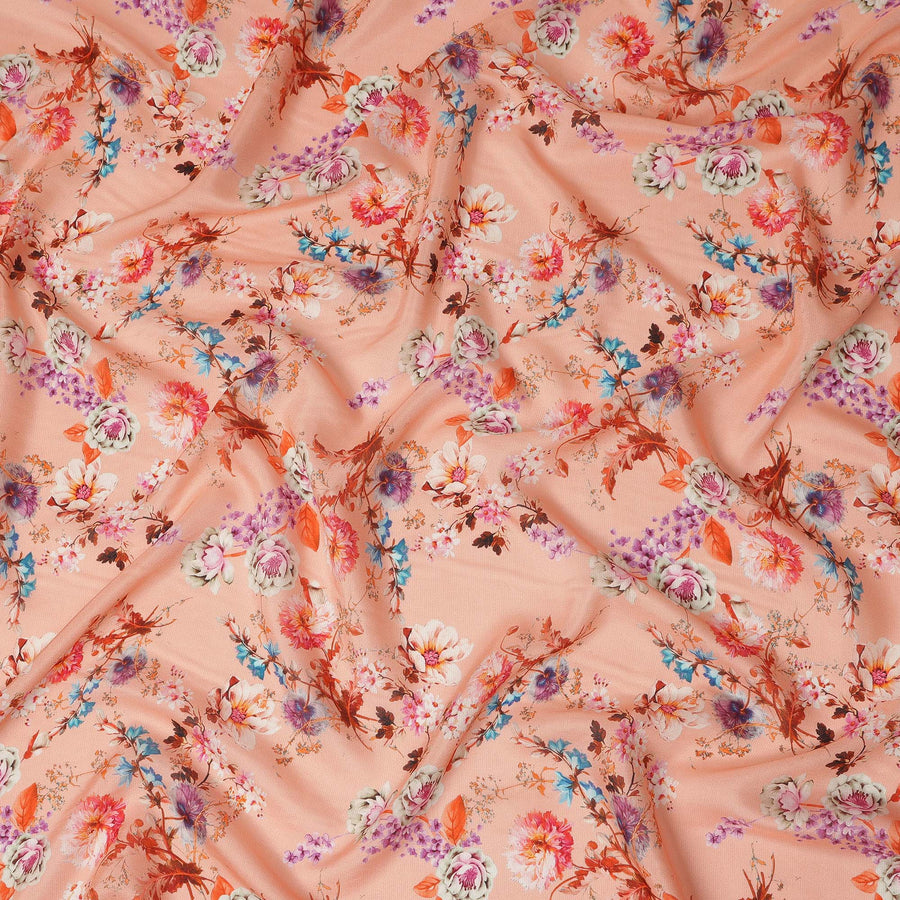 Peach Floral Printed Viscose Crepe Fabric Multicolor Blossom Botanical Design Soft Flowing Dress Material 110 Cms Width India-D28023