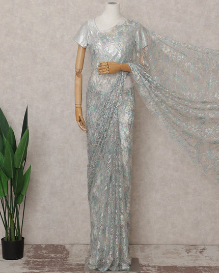 Steel Blue and Silver French Chantilly Lace Saree 5.5m