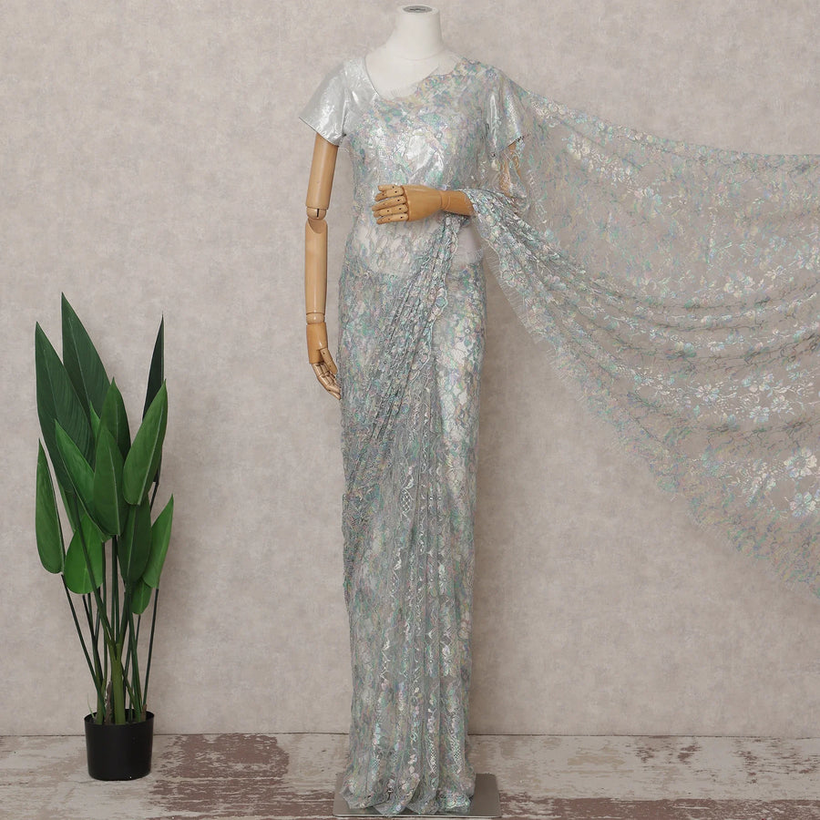 Steel Blue and Silver French Chantilly Lace Saree 5.5m