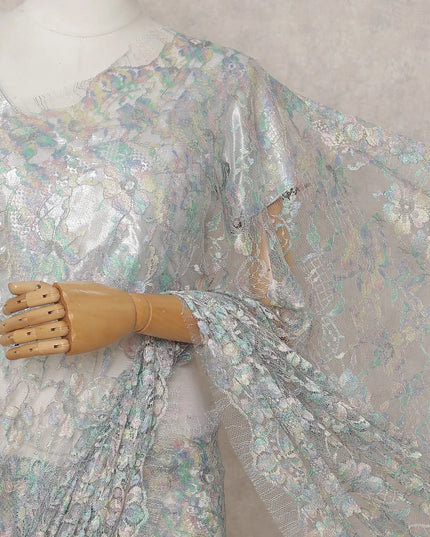 Steel Blue and Silver French Chantilly Lace Saree 5.5m