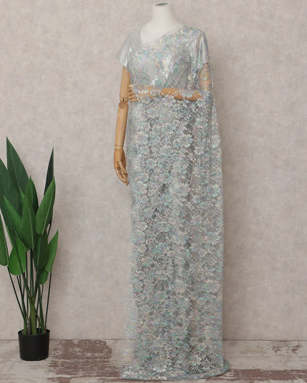 Steel Blue and Silver French Chantilly Lace Saree 5.5m