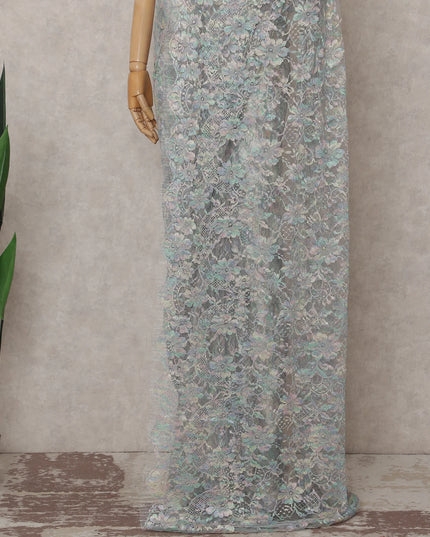 Steel Blue and Silver French Chantilly Lace Saree 5.5m