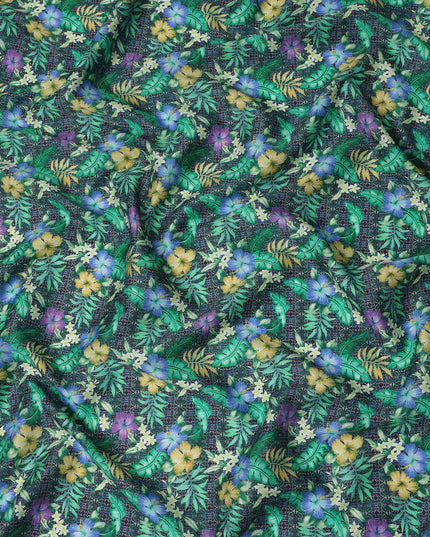 Dark Green Tropical Floral Printed Cotton Satin Fabric 110 Cms Width Soft Smooth Finish Lightweight Dress Material India-D27895 Regal Fabrics