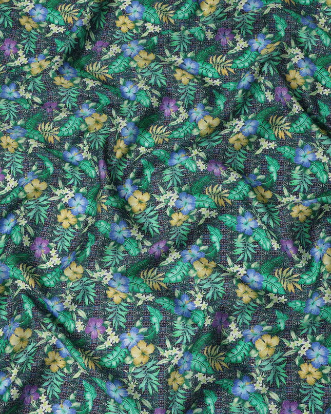 Dark Green Tropical Floral Printed Cotton Satin Fabric 110 Cms Width Soft Smooth Finish Lightweight Dress Material India-D27895