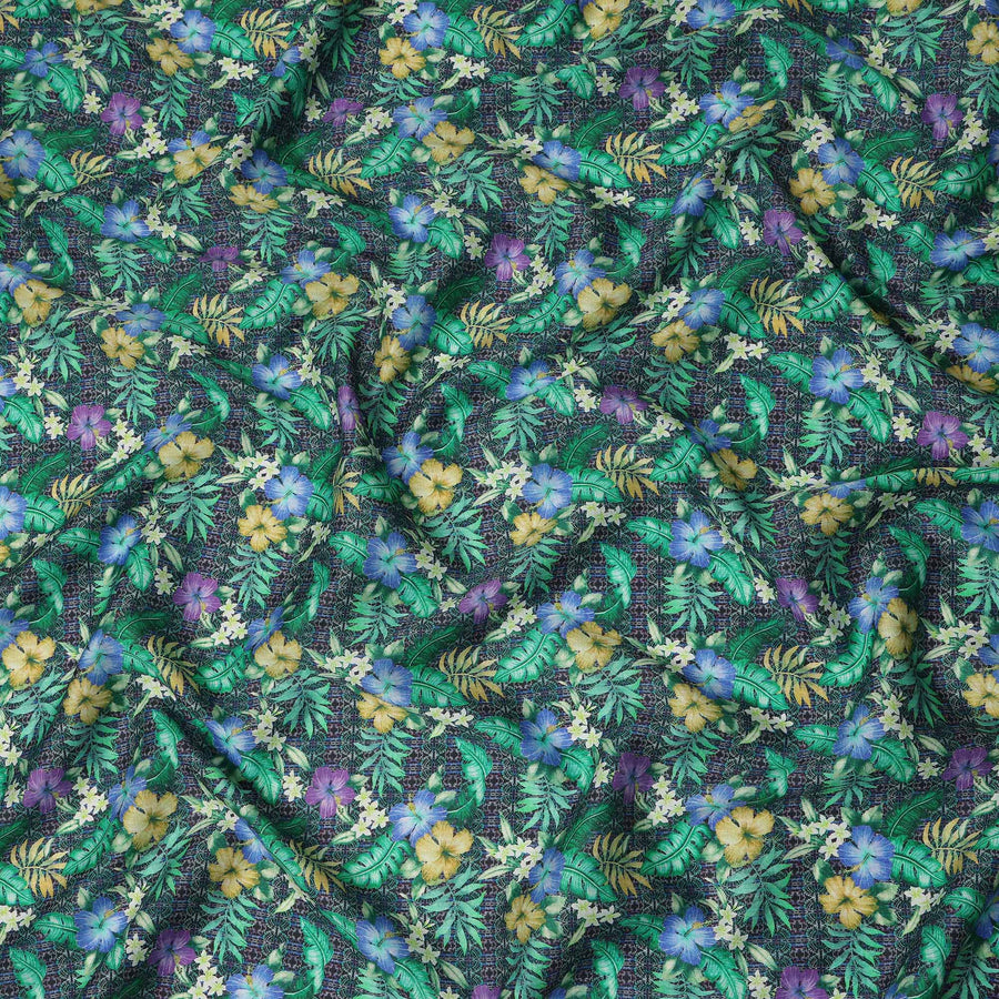 Dark Green Tropical Floral Printed Cotton Satin Fabric 110 Cms Width Soft Smooth Finish Lightweight Dress Material India-D27895 Regal Fabrics