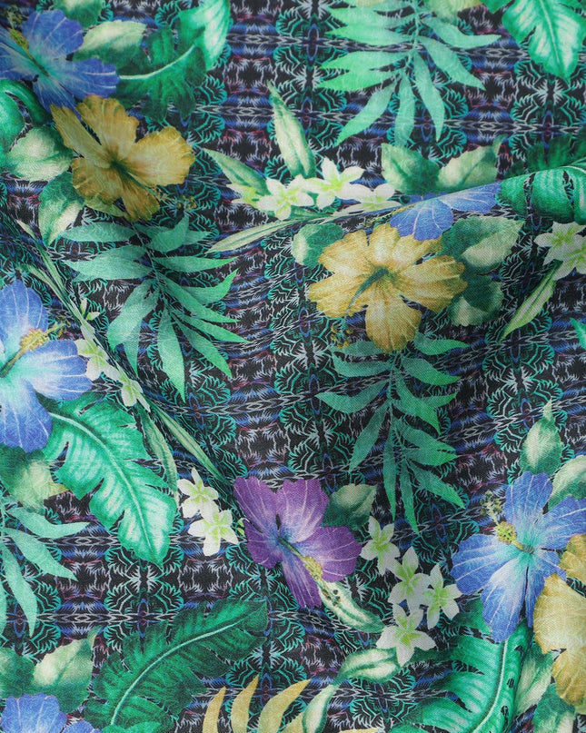 Dark Green Tropical Floral Printed Cotton Satin Fabric 110 Cms Width Soft Smooth Finish Lightweight Dress Material India-D27895