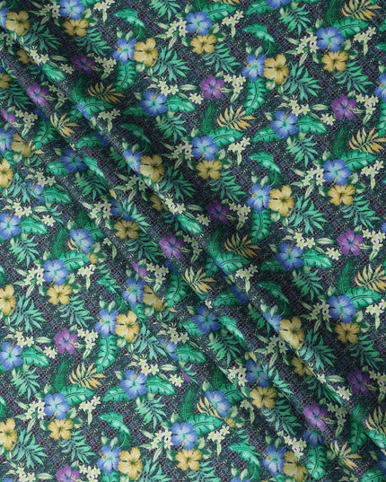 Dark Green Tropical Floral Printed Cotton Satin Fabric 110 Cms Width Soft Smooth Finish Lightweight Dress Material India-D27895 Regal Fabrics