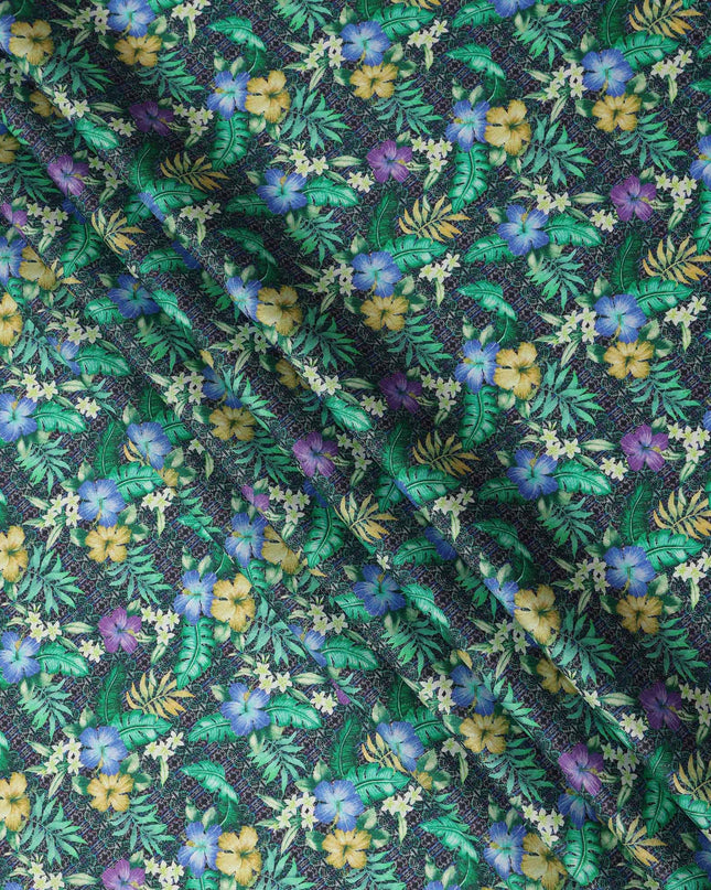 Dark Green Tropical Floral Printed Cotton Satin Fabric 110 Cms Width Soft Smooth Finish Lightweight Dress Material India-D27895