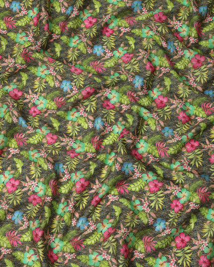 Dark Green Multicolor Tropical Floral Printed Cotton Satin Fabric 110 Cms Width India-D27826 Regal Fabrics