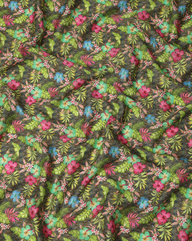 Dark Green Multicolor Tropical Floral Printed Cotton Satin Fabric 110 Cms Width India-D27826 Regal Fabrics