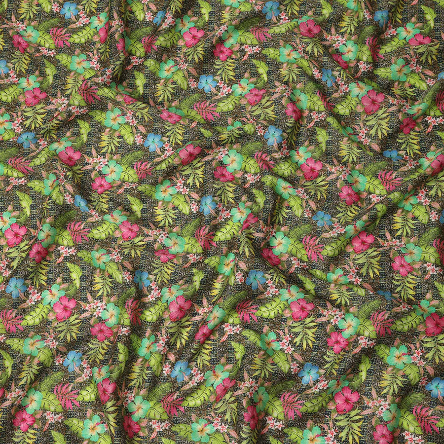 Dark Green Multicolor Tropical Floral Printed Cotton Satin Fabric 110 Cms Width India-D27826 Regal Fabrics