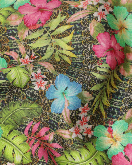 Dark Green Multicolor Tropical Floral Printed Cotton Satin Fabric 110 Cms Width India-D27826 Regal Fabrics
