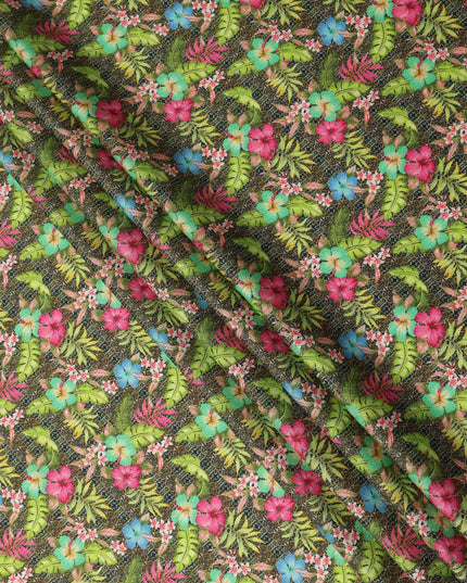 Dark Green Multicolor Tropical Floral Printed Cotton Satin Fabric 110 Cms Width India-D27826 Regal Fabrics