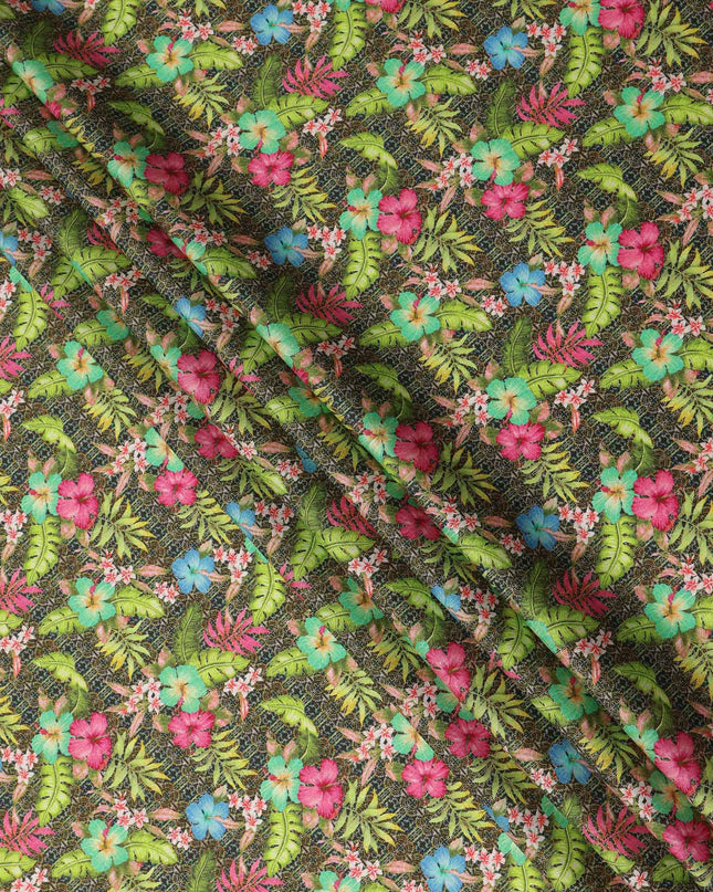 Dark Green Multicolor Tropical Floral Printed Cotton Satin Fabric 110 Cms Width India-D27826 Regal Fabrics