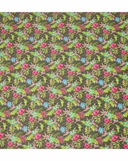 Dark Green Multicolor Tropical Floral Printed Cotton Satin Fabric 110 Cms Width India-D27826 Regal Fabrics